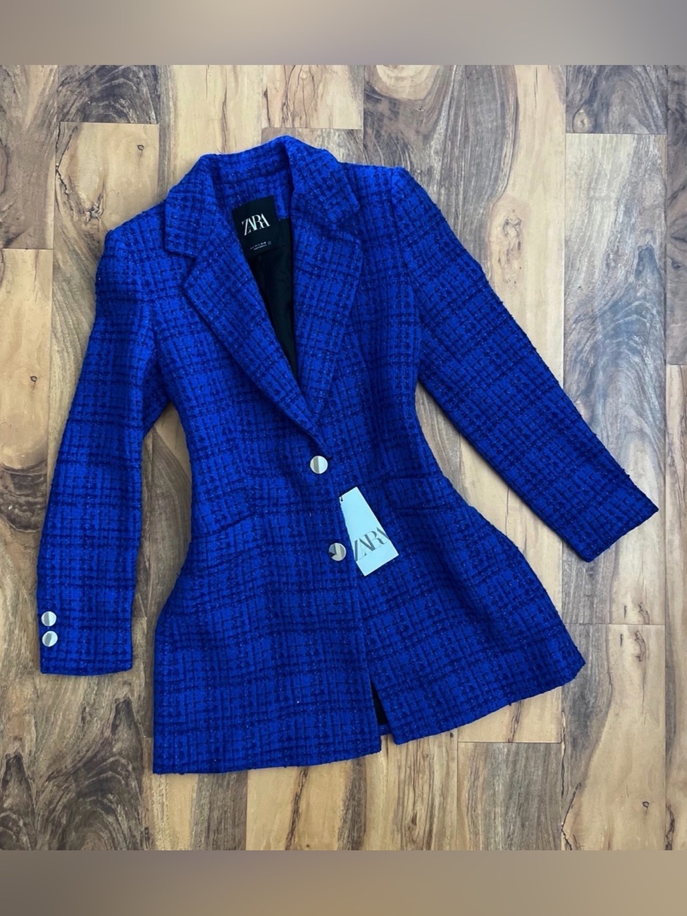 ZARA Cobalt Blue Tweed Blazer with Silver Buttons